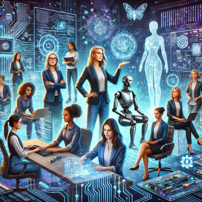 An inspiring digital illustration featuring diverse women in technology, including software developers, engineers, and CEOs, working on futuristic. Women in tech