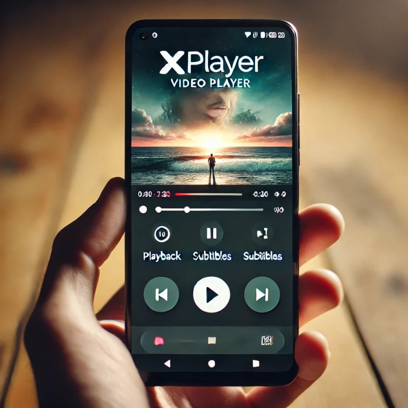 A modern Android smartphone displaying the XPlayer video player app on its screen. The app interface is sleek with playback controls, subtitles enable